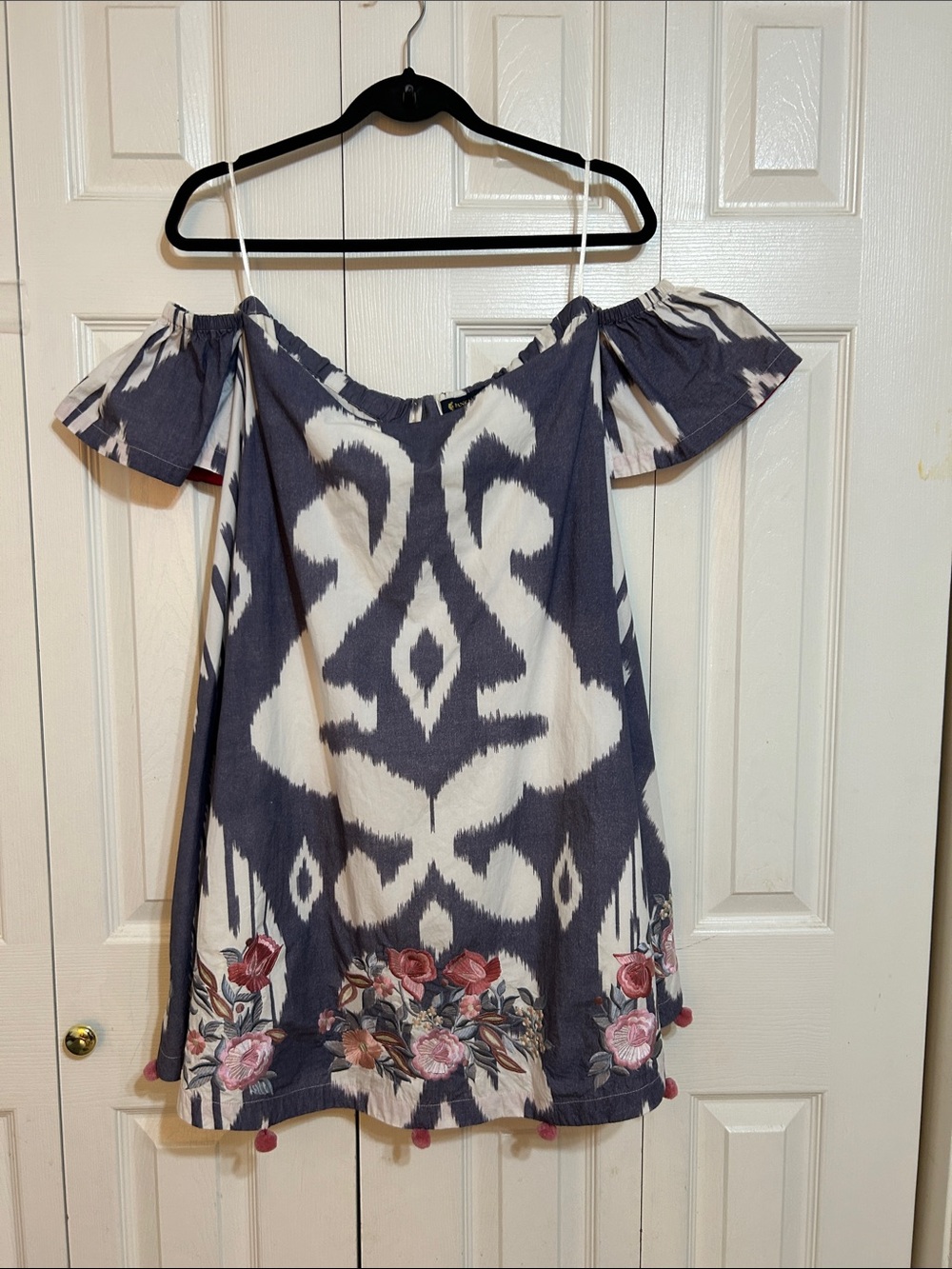 Off-Shoulder Ikat Print Dress with Floral Hem - Navy & White